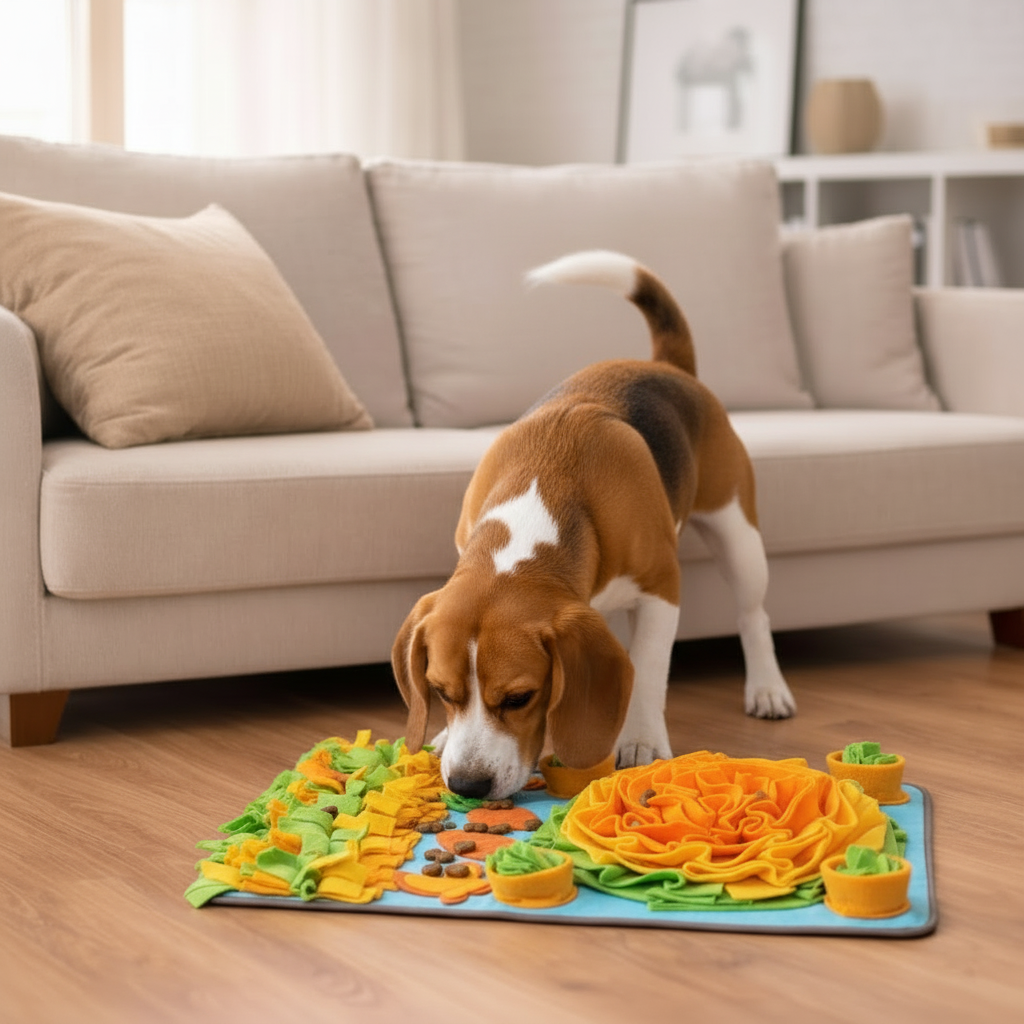 Beagle en train de fouiller le tapis