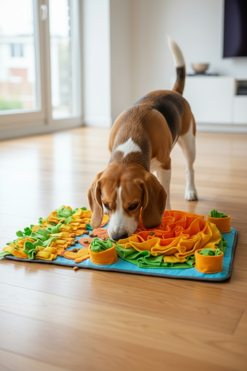 Beagle qui fouille le tapis avec croquettes