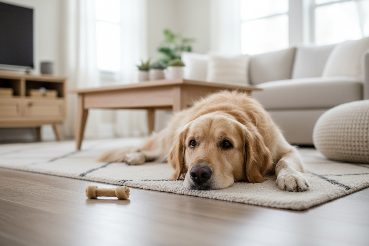 Chien ennuyé dans salon beige