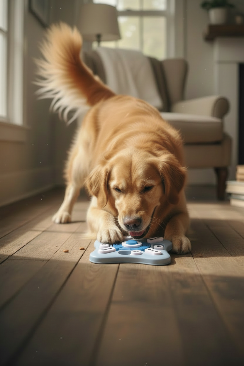 Chien heureux avec jouet puzzle bleu