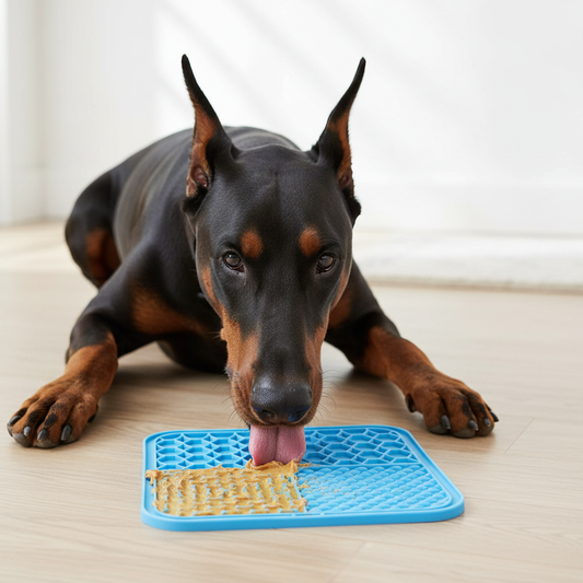 Doberman avec tapis de léchage bleu