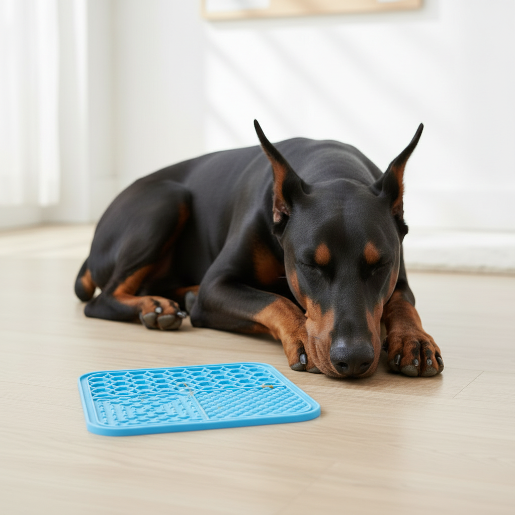 Doberman endormi après le tapis de léchage