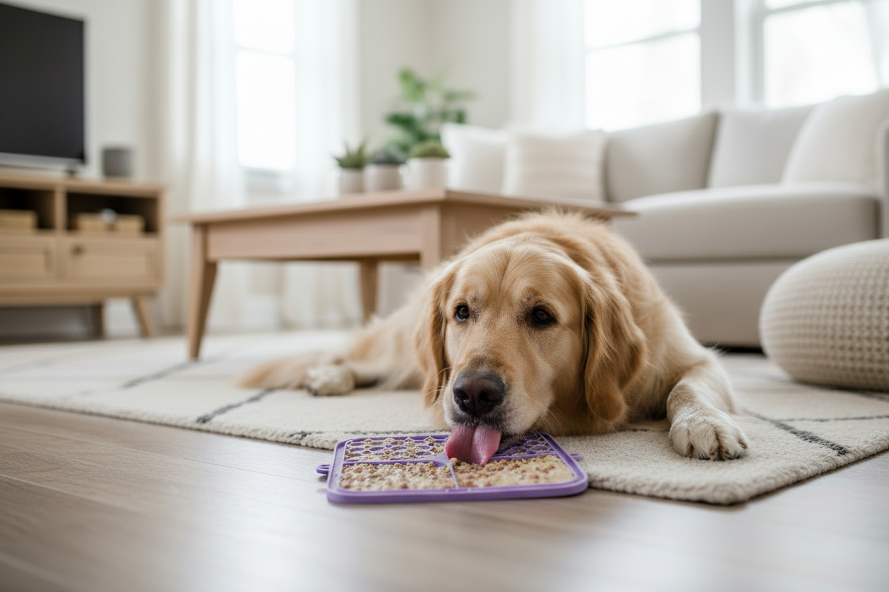 Golden retriever avec tapis de léchage violet