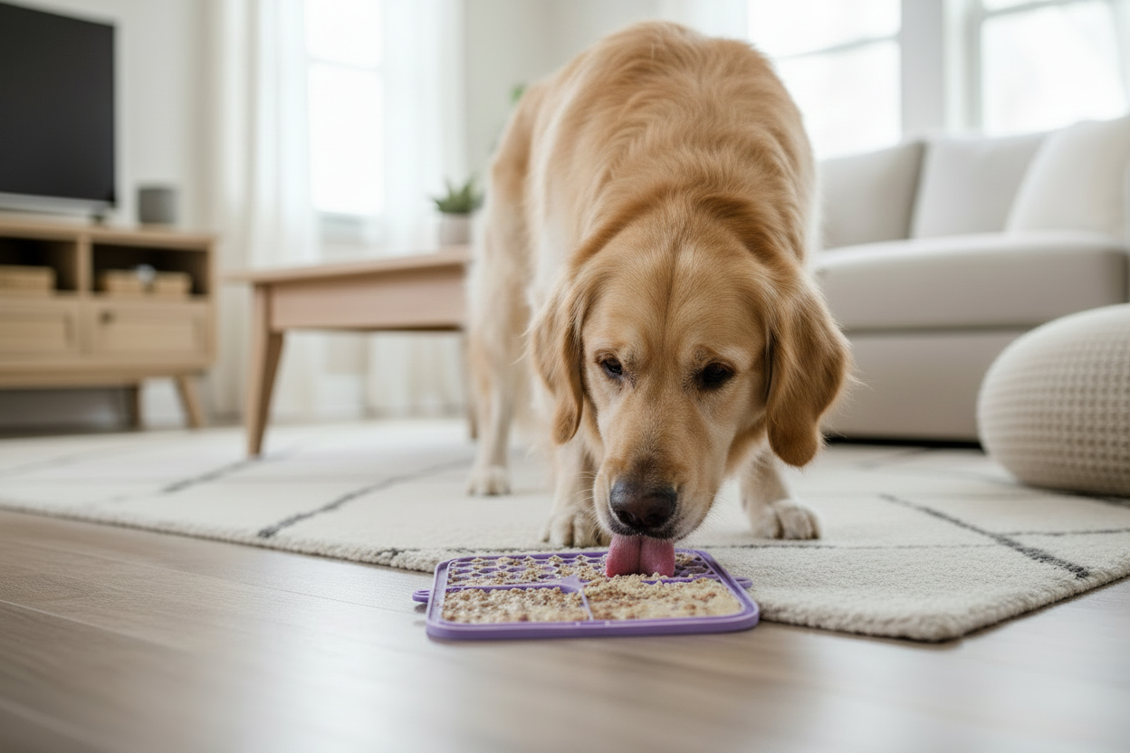 Golden retriever debout léchant le tapis - même scène