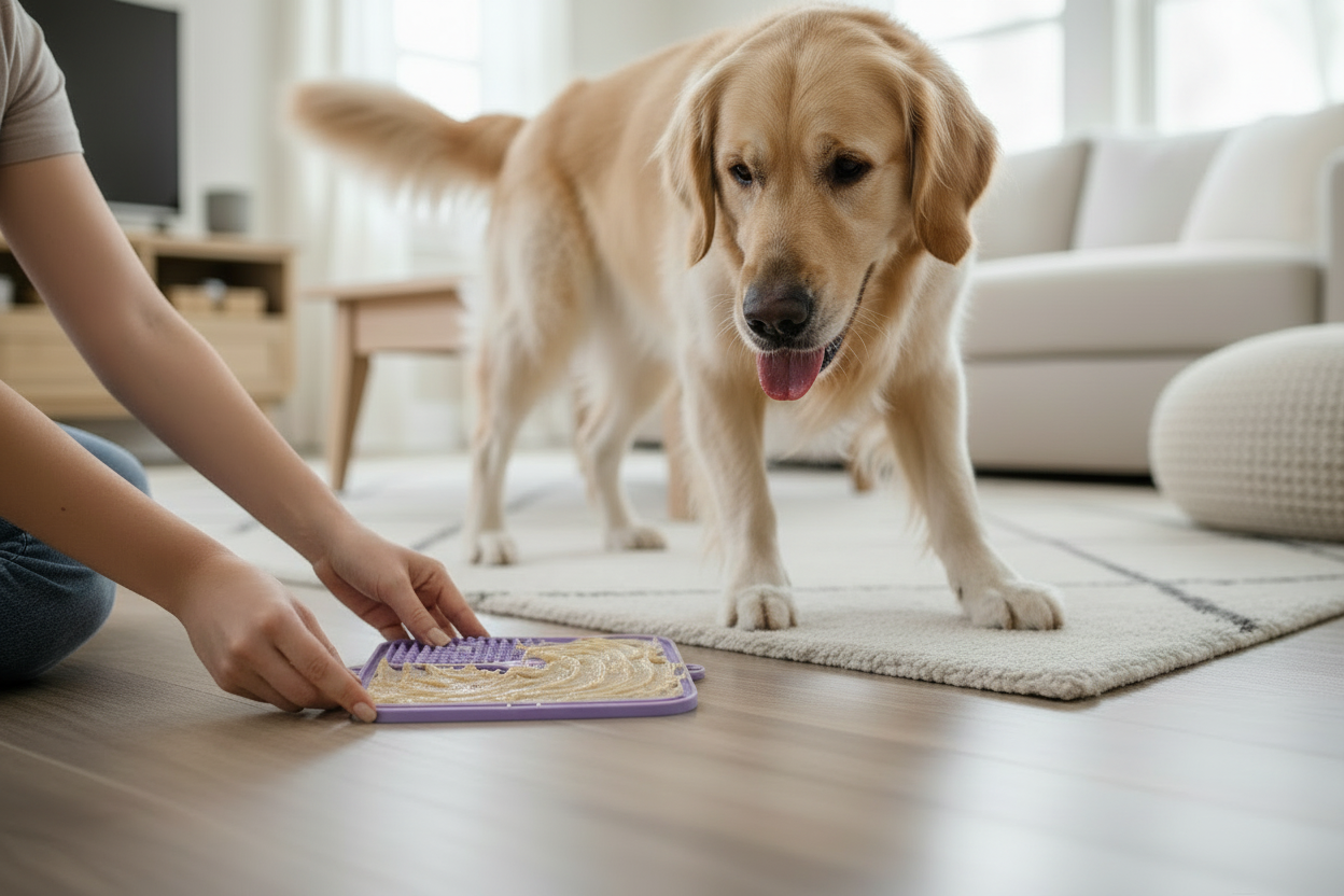 Golden retriever debout queue qui s'agite